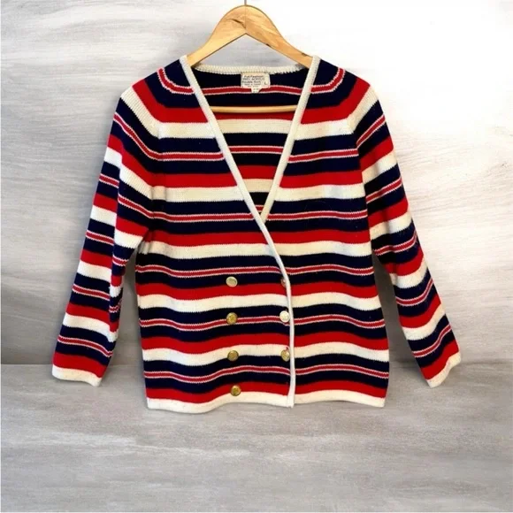 Vintage 1960s Multi Color Stripe Ribbed Double Knit Cardigan Sweater size Large - Picture 2 of 12